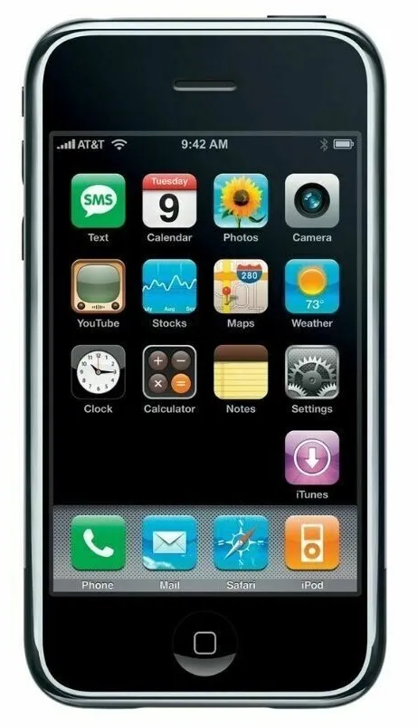 The iPhone OS 1 home screen on a first-generation iPhone